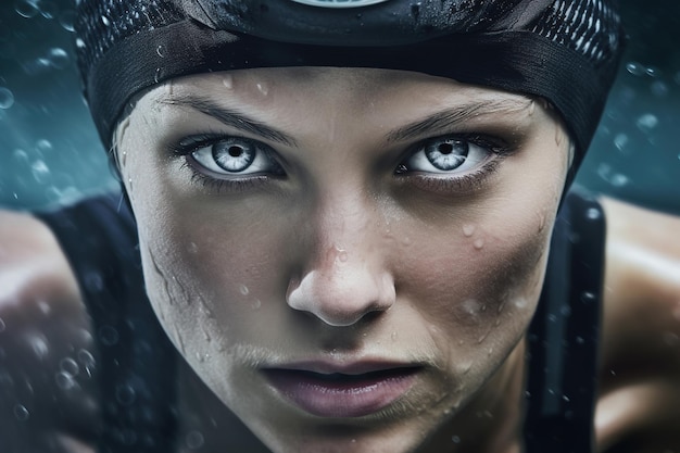 Молодая профессиональная олимпийская пловчиха плавает, вид спереди, портрет крупным планом, всплеск воды
