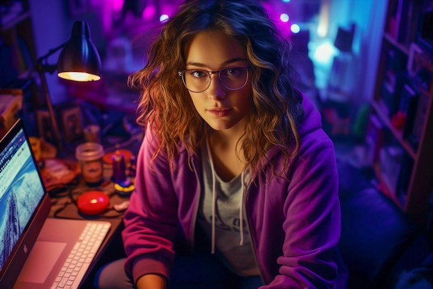 젊은 여성 프로그래머가 밤에 자신의 방에서 컴퓨터로 비디오를 편집하고 있습니다.