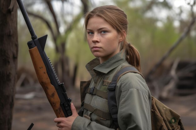 A young female ranger standing with a rifle