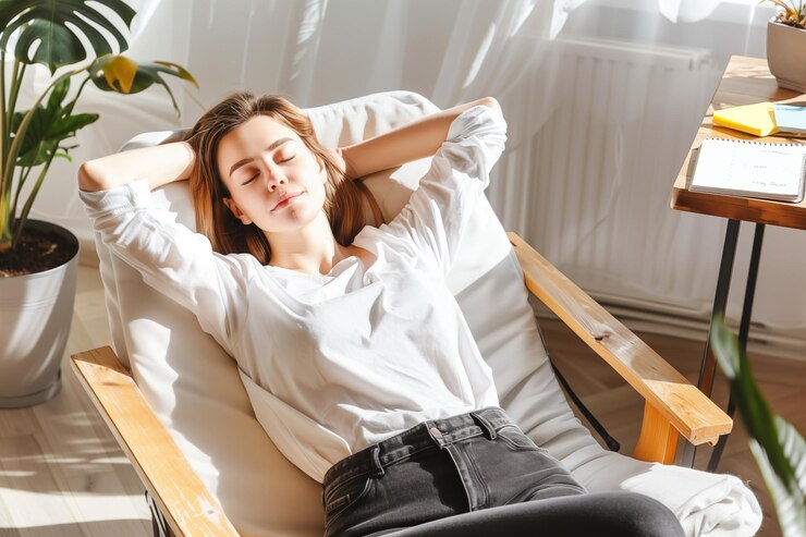 Young female relaxing on chair with arms behind head sunlight through window