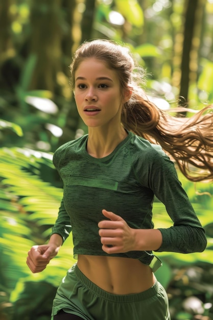 Young female runner in green sportswear running in the jungle