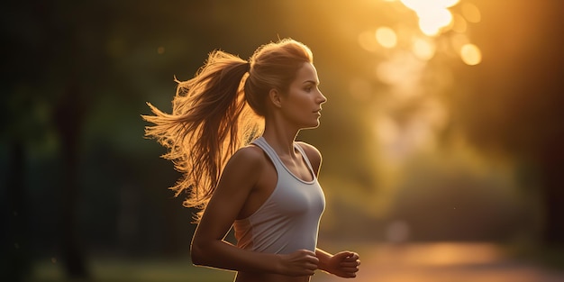 Young female runner runs at sunset in the park