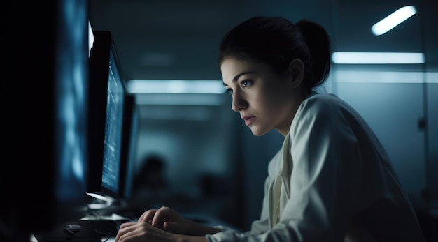 Молодая женщина-ученый в лабораторном халате смотрит на компьютер в лаборатории Генеративный ИИ AIG21