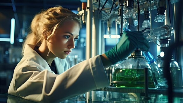 Young female scientist opening a gas tank There is a pressure measuring device