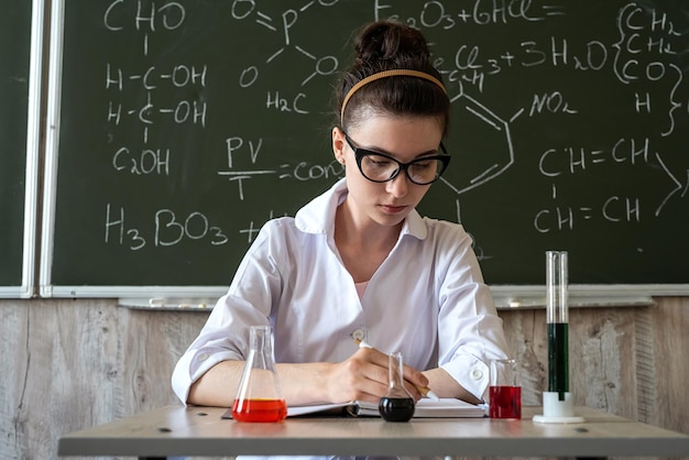 Young female scientist in white coat and glasses holding laboratory flask   with red liquid against blackboard with chemical formulas