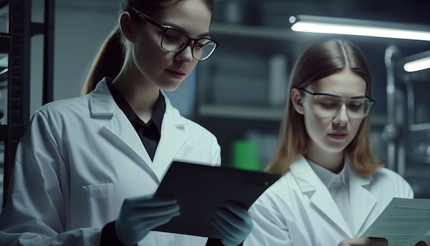 Young female scientist with a smile standing with a technician in a modern laboratory conducting medical research Generative AI