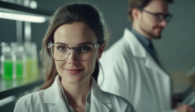Молодая женщина-ученый с улыбкой стоит с техником в современной лаборатории, проводящей медицинские исследования Генеративный ИИ
