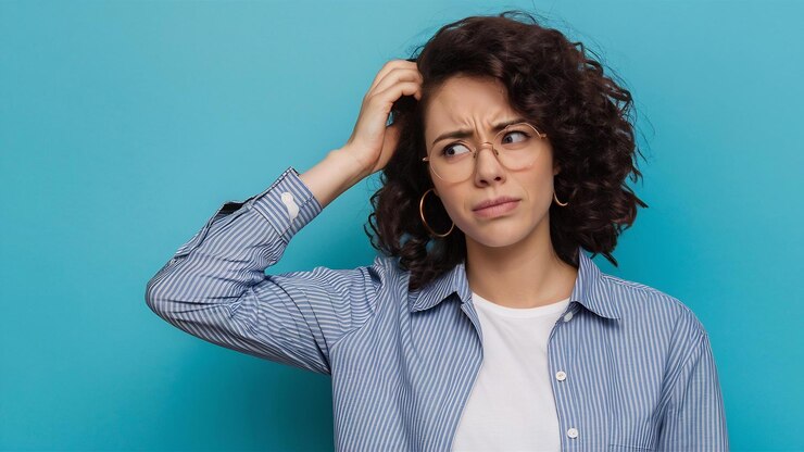 Photo young female scratching head while frowning in shirt and looking forgetful