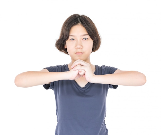 Young female short hair with blank gray t-shirt