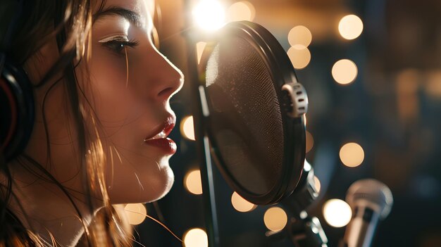 Young female singer recording a song in a studio Closeup of passionate artist performing Professional vocal recording session Music production in action AI