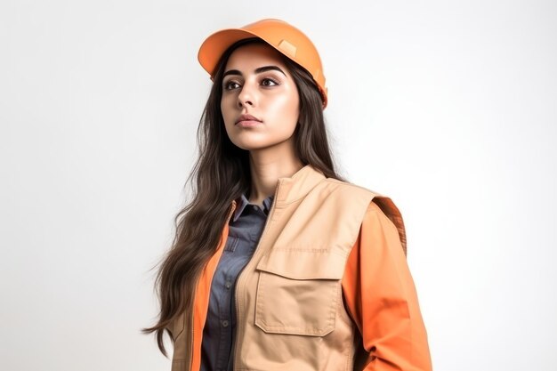 Young female site engineer with a safety vest and hardhat looking to the side isolated on white background