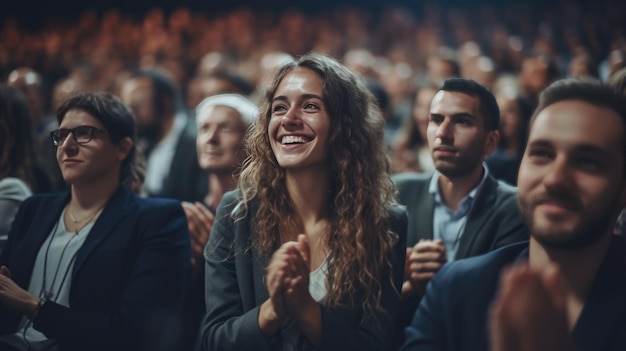 Young Female Sitting in a Crowded Audience at a Conference and Applauding After Speech