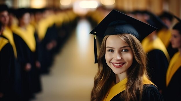 Photo a young female smiling graduate against the background of university