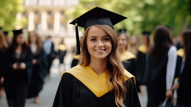 Photo a young female smiling graduate against the background of university