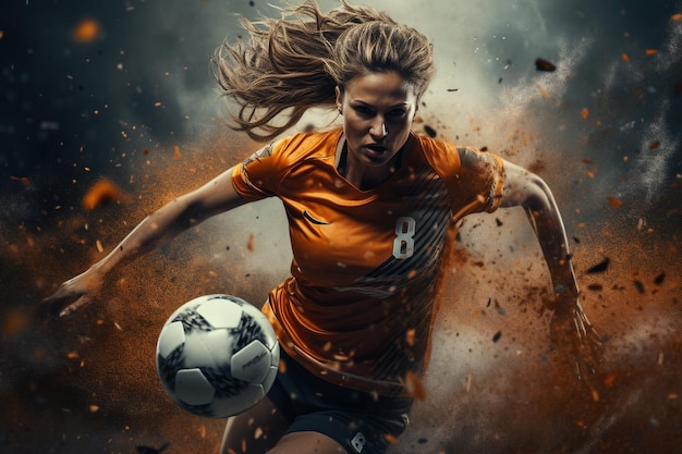 Young female soccer player in action at the stadium