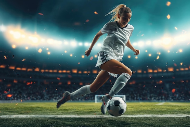 Young female soccer player kicking ball in a stadium