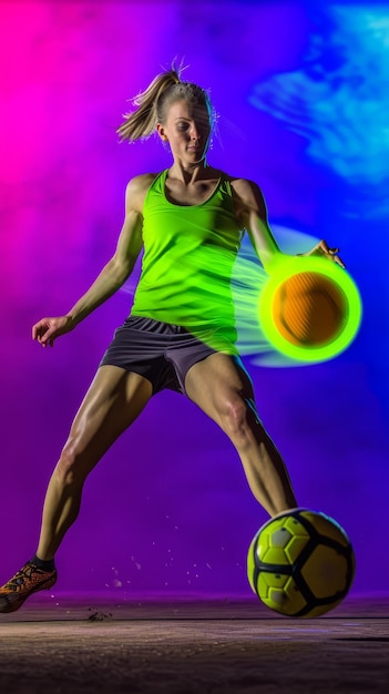 Young female soccer player kicking a glowing soccer ball with a colorful background