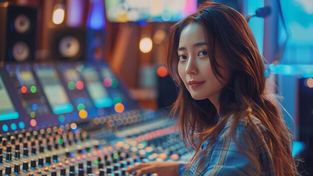 Young female sound producer working on mixing console in sound recording studio