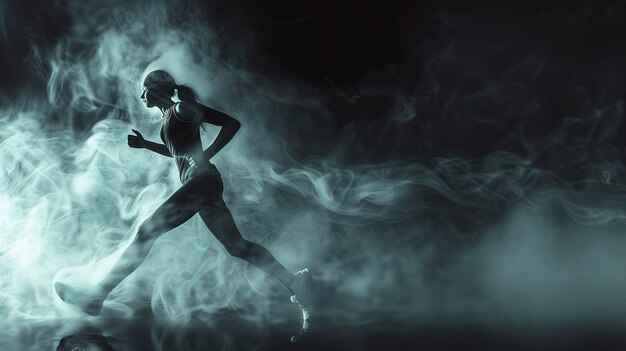 Photo a young female sports star running in a dark background