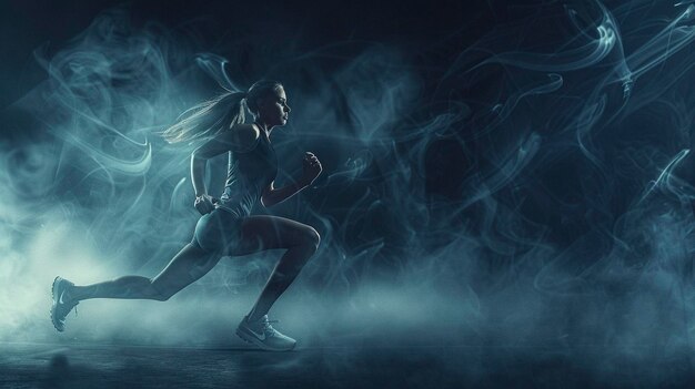 A young female sports star running in a dark background