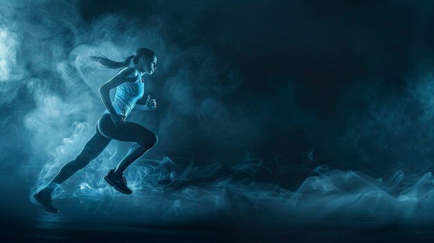 A young female sports star running in a dark background