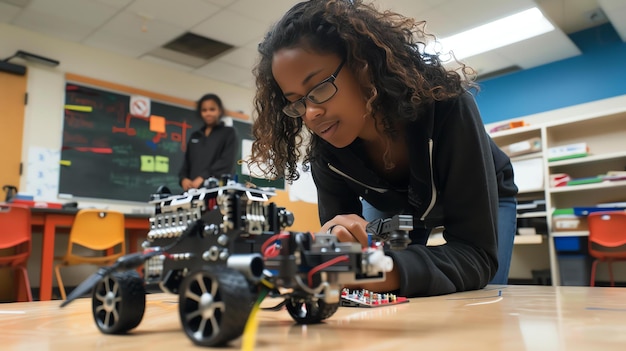 若い女性学生が教室でロボットに取り組んでいます彼女は黒いスウェットシャツとメガネを着ています