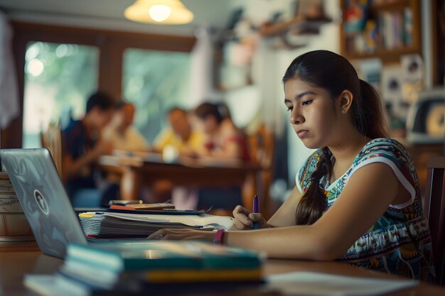 Young female student sitting at a table in front of a laptop and making notes