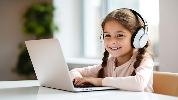 A young female student sitting at the table using headphones when studying