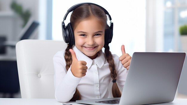 A young female student sitting at the table using headphones when studying