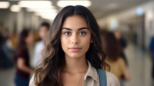 Young female student stands in the background of a campus hallway Created with Generative AI technology