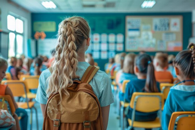 Photo young female student with backpack standing in classroom full of peers facing the blackboard