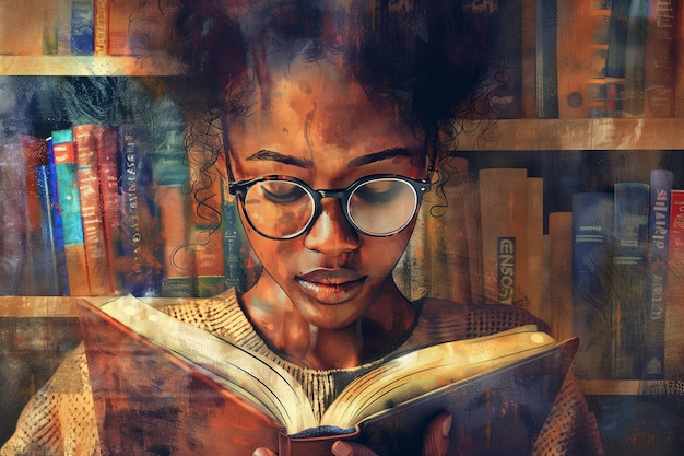 young female student with a book pretty and cute studying in a library happy portrait with