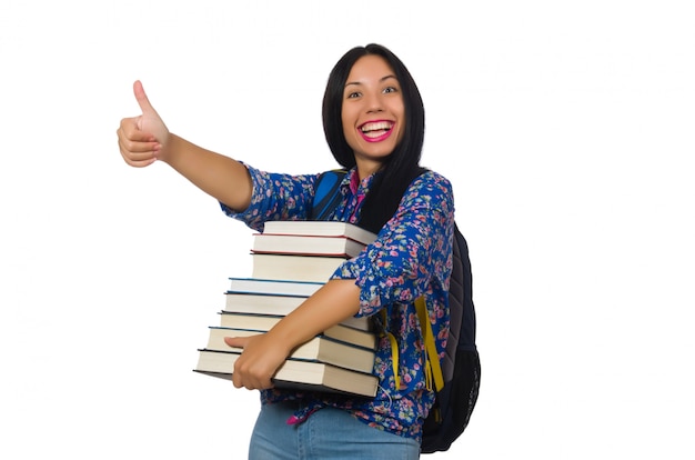 Молодая студентка с книгами на белом