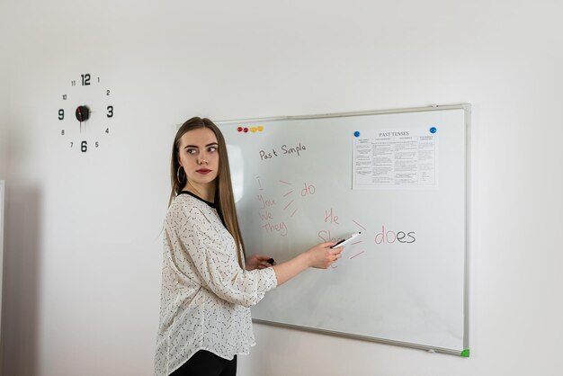 Photo young female teacher stand near whiteboard and explain english language rules or grammar study