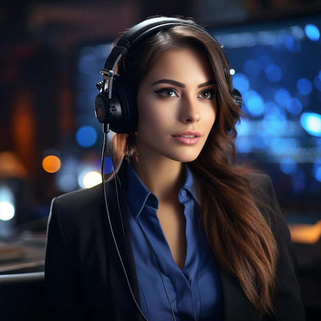 Young female technical support dispatcher working in office closeup