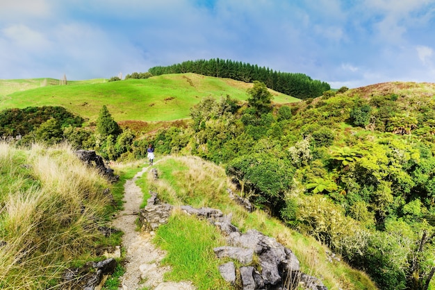 ニュージーランドの北島、ワイトモの丘の上を歩く若い女性観光客