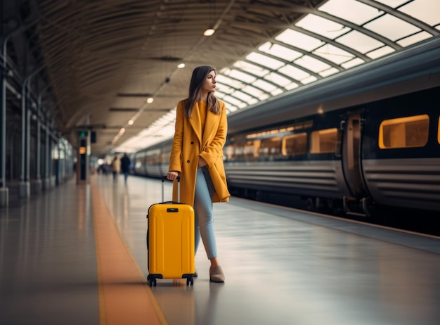 Young female traveler in a bright jacket standing with a yellow suitcase at modern railway station