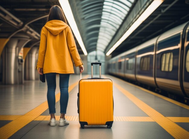 Young female traveler in a bright jacket standing with a yellow suitcase at modern railway station