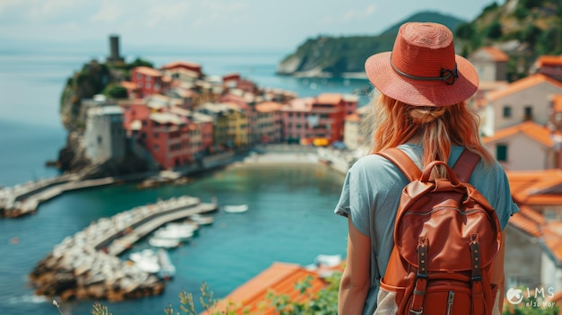 Photo young female traveler overlooking colorful coastal village