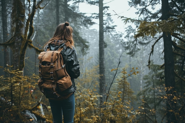 Young female traveler standing in misty forest