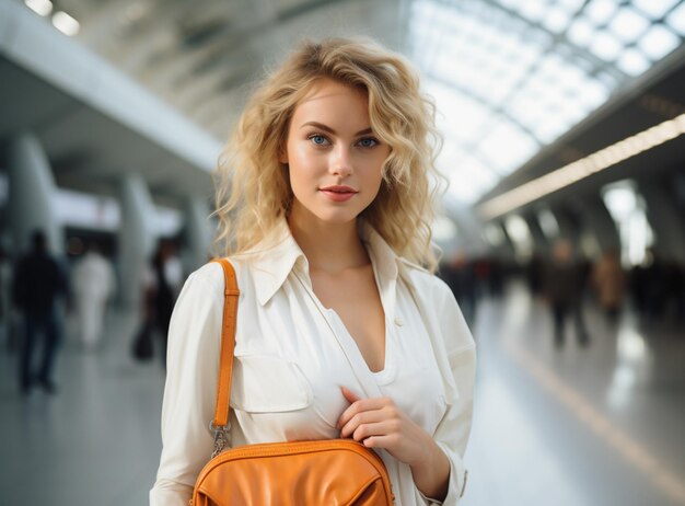 太陽の明るい日交通機関の停車場でスーツケースを持って歩いている若い女性旅行者現代的な停車場の直角視点都市交通と旅行のコンセプト高品質の写真