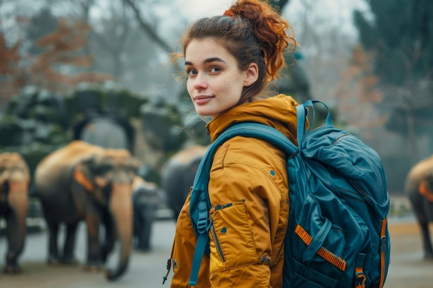 Young Female Traveler with Backpack Smiling in Nature Reserve with Elephants in Background