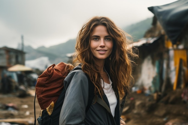 Young female traveler with backpack smiling in a rustic village setting