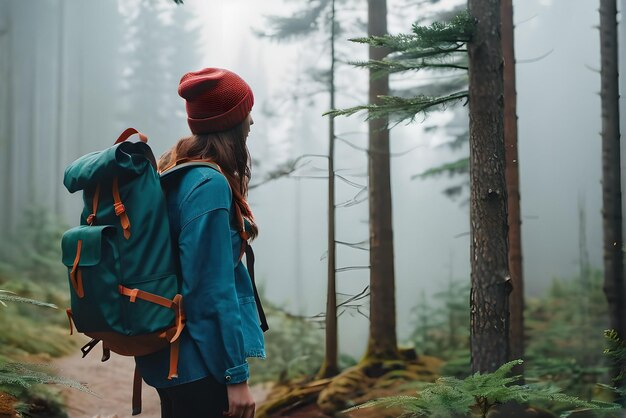 Foto giovane viaggiatrice con zaino in piedi nella foresta con alte conifere in una giornata nebbiosa