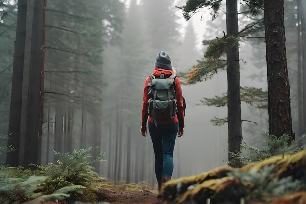 写真 霧の日に背の高い針葉樹の森に立つバックパックを持つ若い女性旅行者