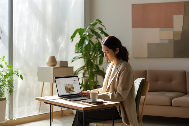 Photo young female using laptop living room