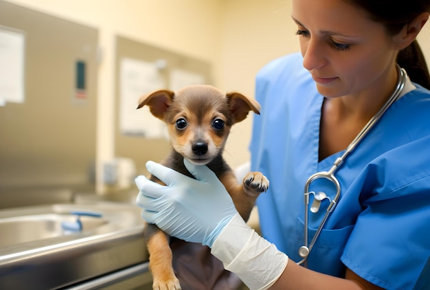 Фото Молодая ветеринарная врач, держащая собаку в ветеринарной клинике, ухаживающая за животными ветеринарная медицина
