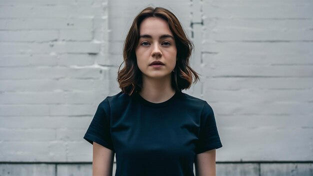 Young female wearing a black short sleeve tshirt with a white wall in the background