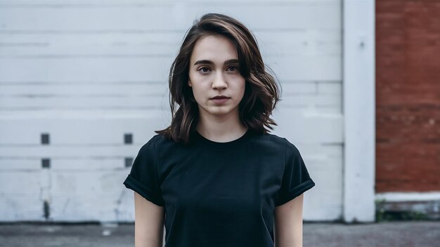 白い壁を背景に黒い短袖のTシャツを着た若い女性