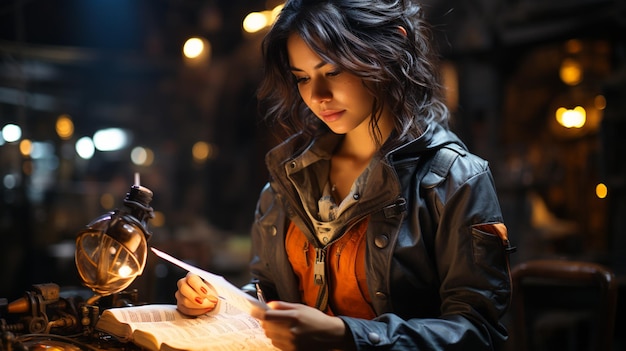 young female witch reading book with candle and magic